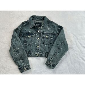Ashley Flower Embroidered Cropped Jean Jacket, Size L Delicate, Classic